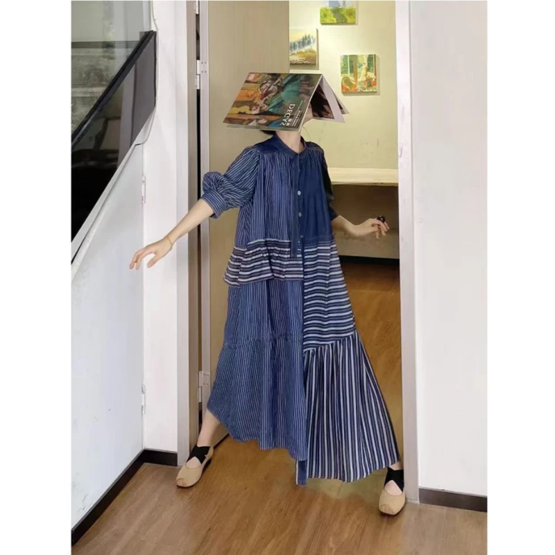 【织雨】春夏新款百搭设计感遮肉显瘦牛仔拼接条纹连衣裙.D0460