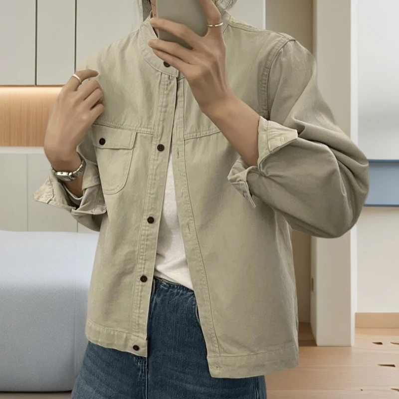 【黄小西】纯棉小立领短款外套女春秋新款长袖衬衫女工装夹克女2508