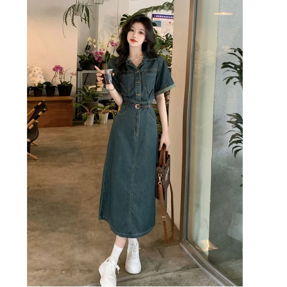 复古牛仔连衣裙女装夏季新款法式小众设计感小个子气质港风长裙子