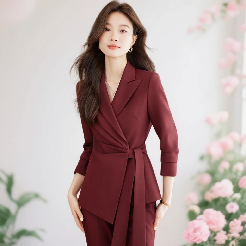 安格拉红西装套装女2025秋冬新款职业装气质女神范主持人名媛西服