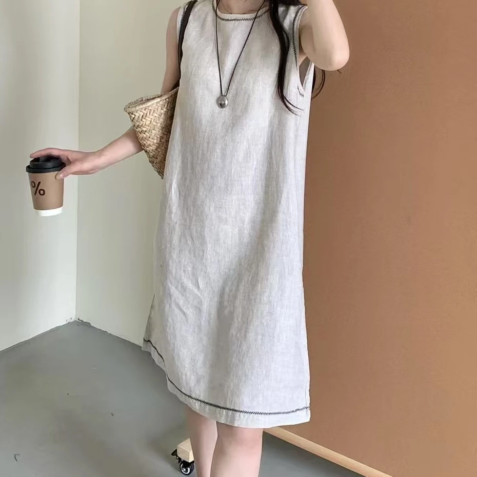 【妍妍专属】亚麻圆领无袖背心裙2025夏季休闲独特连衣裙26261