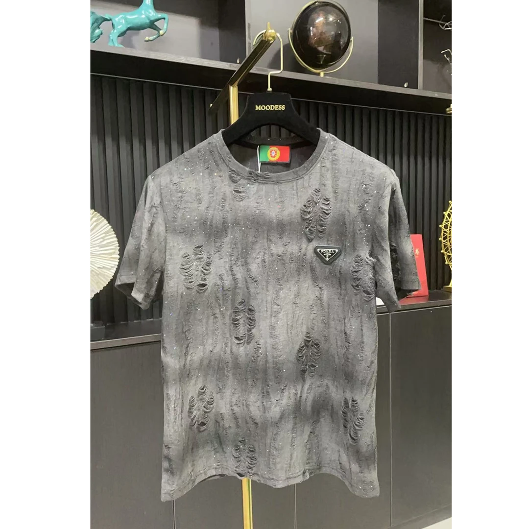 BW-短袖圆领T恤黑色常规镂空休闲夏季破洞半袖 k-332