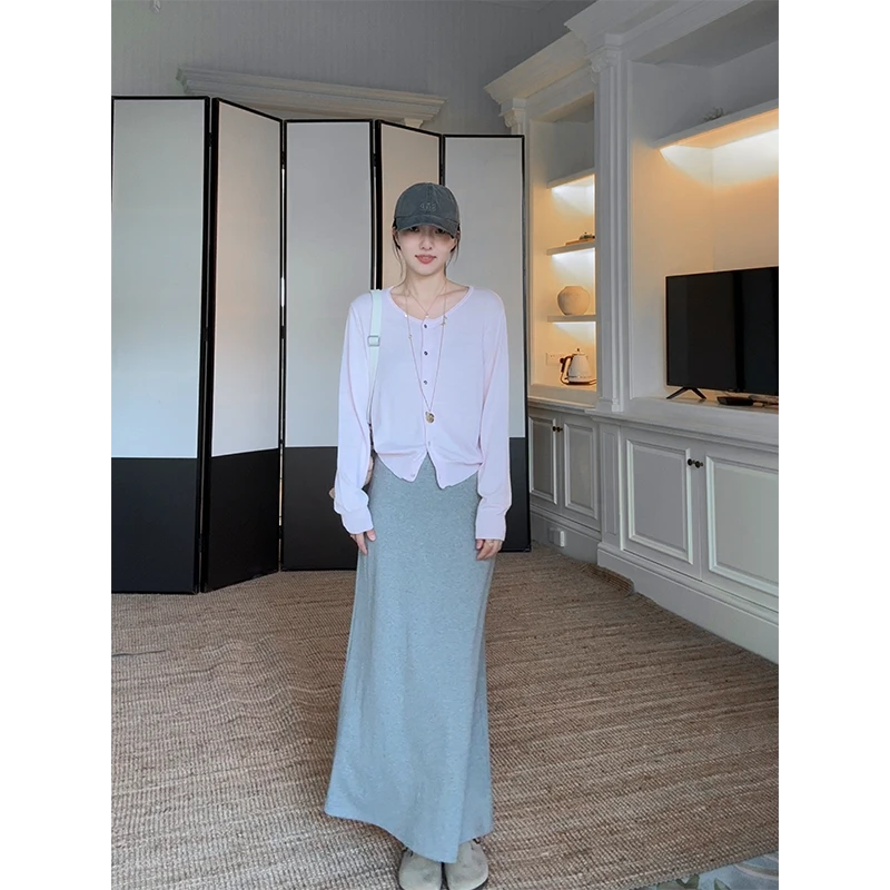 郭九九呢 桑蚕丝羊毛粉色显瘦针织开衫简约百搭半身裙 G925Z13773