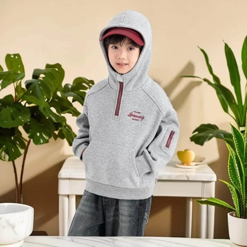 中大童加绒半拉链连帽卫衣冬季保暖细腻柔软男童女童休闲上衣