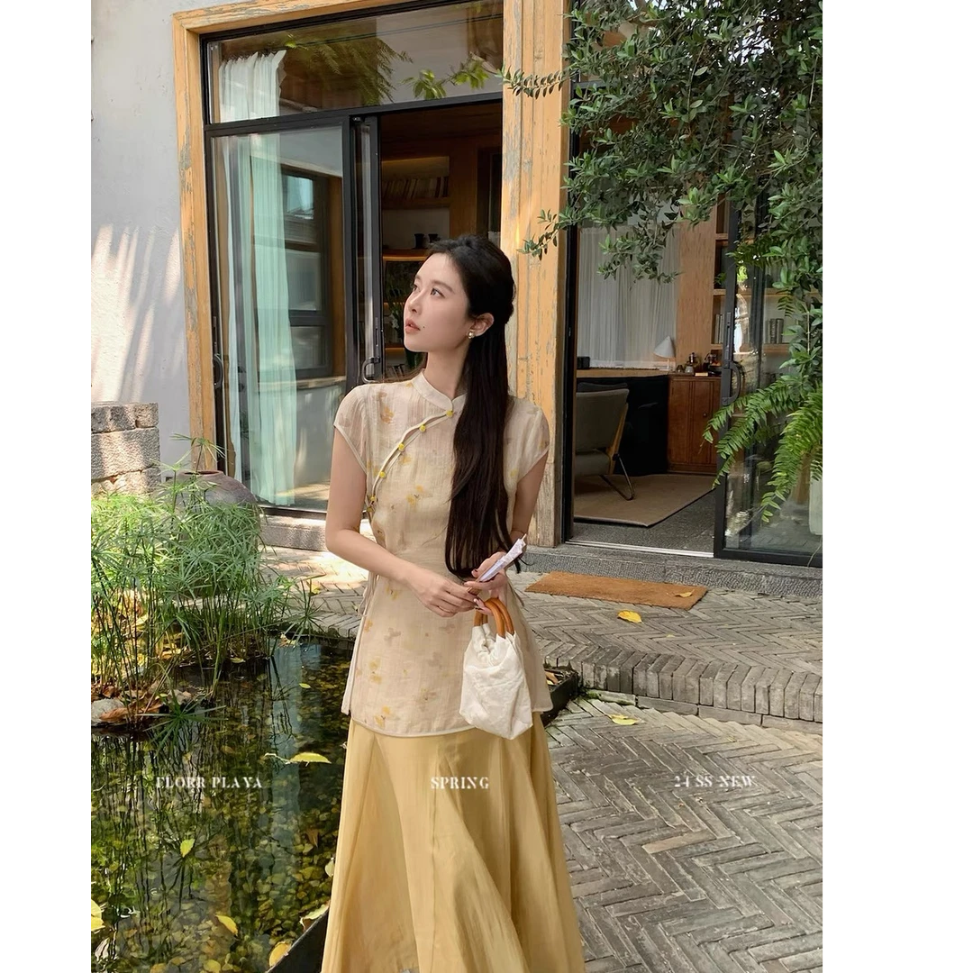 新中式黄色碎花盘扣改良旗袍连衣裙女夏季中国风裙子长裙两件套装