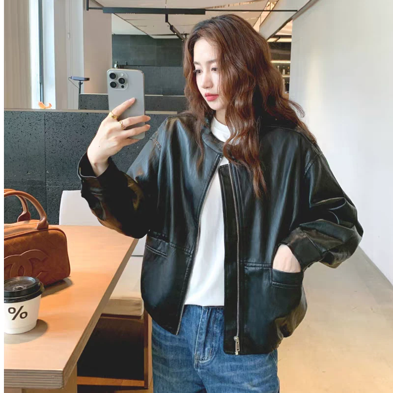 6893时尚圆领拉链皮衣外套