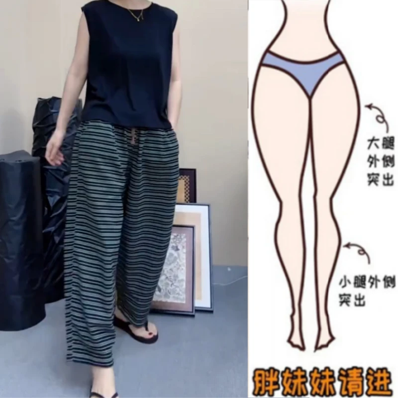 格洛森早秋新款梨型身材休闲裤高腰显瘦慵懒风百搭九分条纹阔腿裤