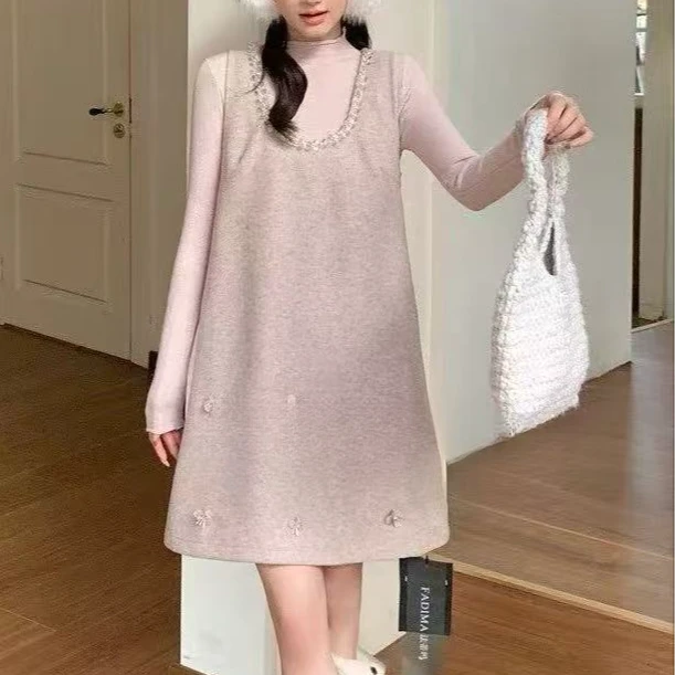 【晨浠定制】新款法式小香风气质显瘦针织打底连衣裙两件套装9928