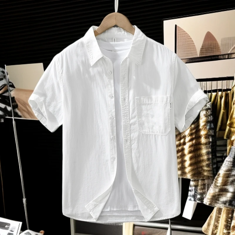 简约百搭纯棉短袖衬衫男夏季日系复古休闲亲肤宽松有口袋翻领寸衣