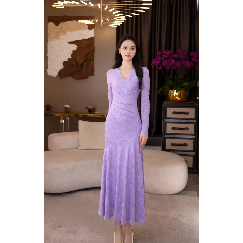 QIQI【子萱】春季新款紫色气质百搭显瘦显高中长款连衣裙C-40745