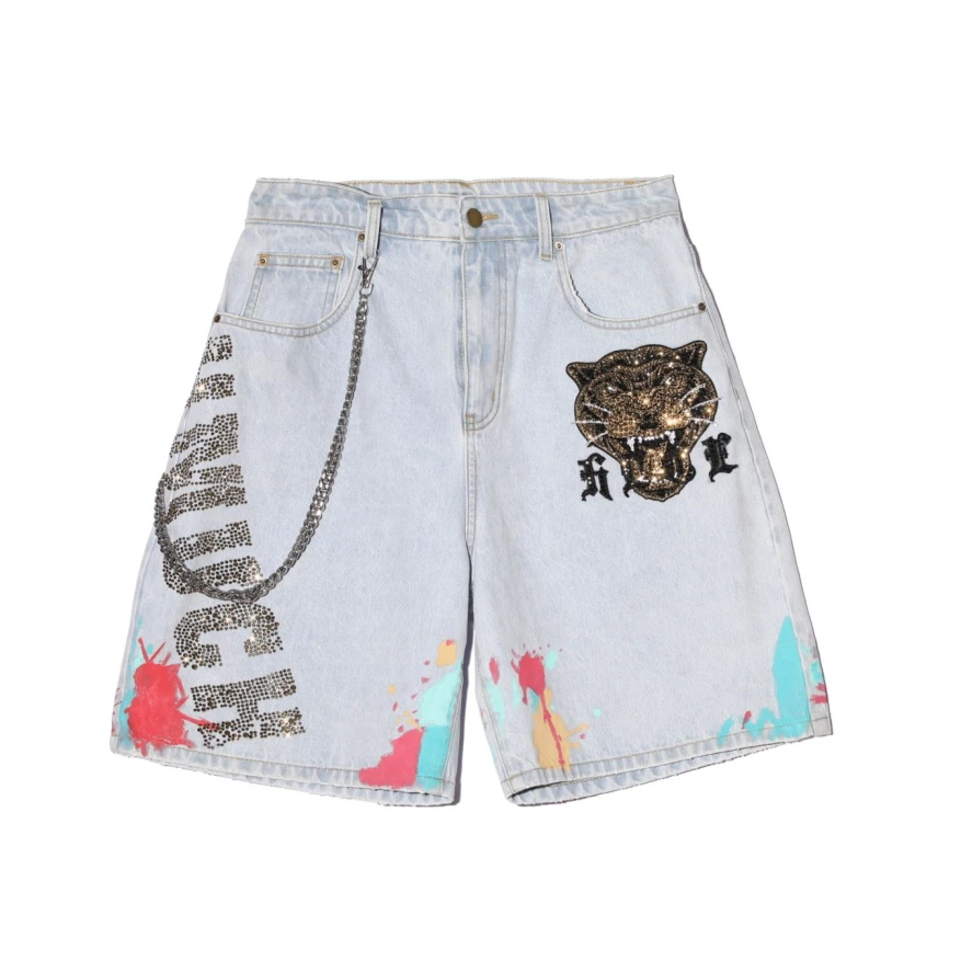 TCH-潮牌豹子烫钻链条蓝色喷墨设计师时尚牛仔短裤T66A218110