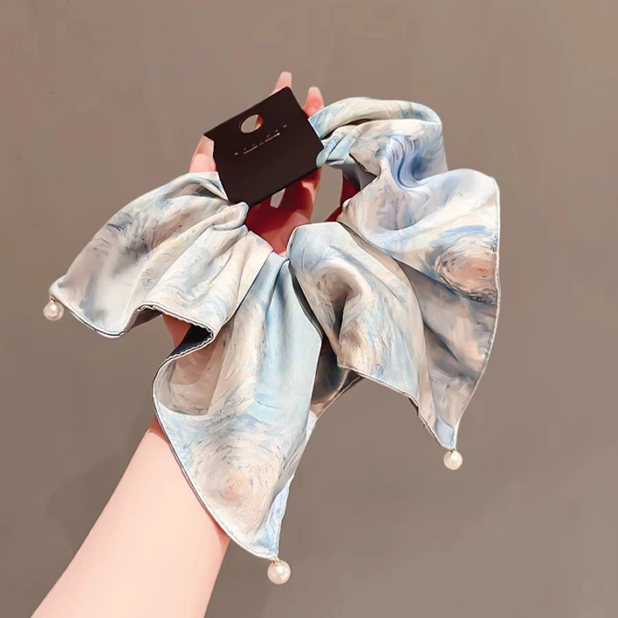 燃彩高级感蓝色晕染缎面珍珠方巾大肠发圈女高级感超大号头绳头饰