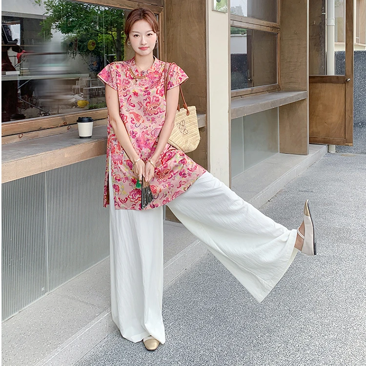 新中式国风复古印花盘扣阔腿裤套装女2025夏季新款爆款穿搭一整套