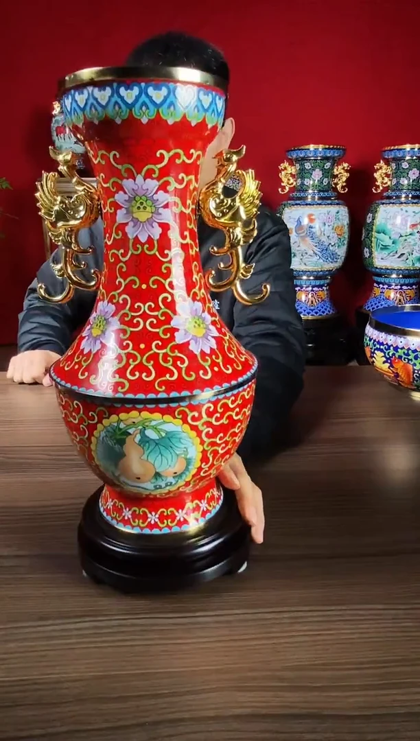 铜景泰蓝国色天香福禄尊花瓶珐琅摆件高约37*18厘米