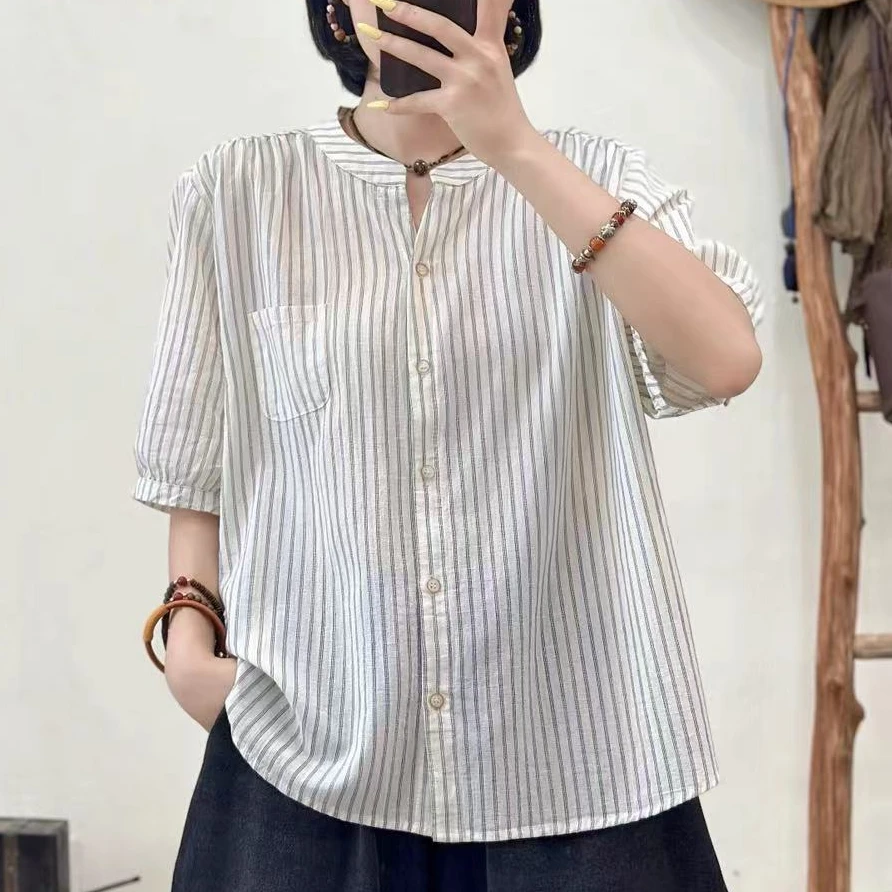 10682新款休闲减龄百搭宽松文艺条纹衬衫QZ