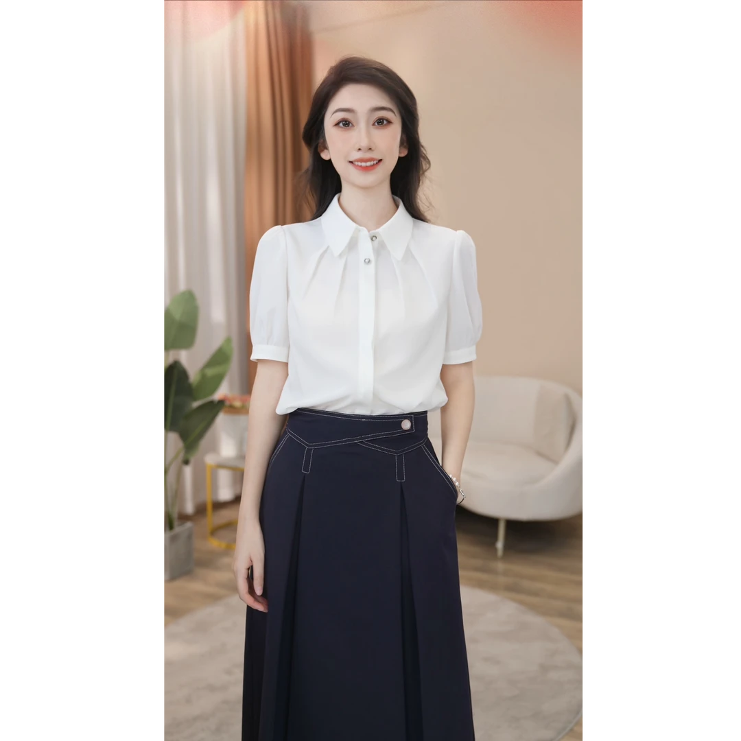 【河畔专属】8592458白色洋气上衣短袖衬衫女新款夏季纯色轻奢曼贝