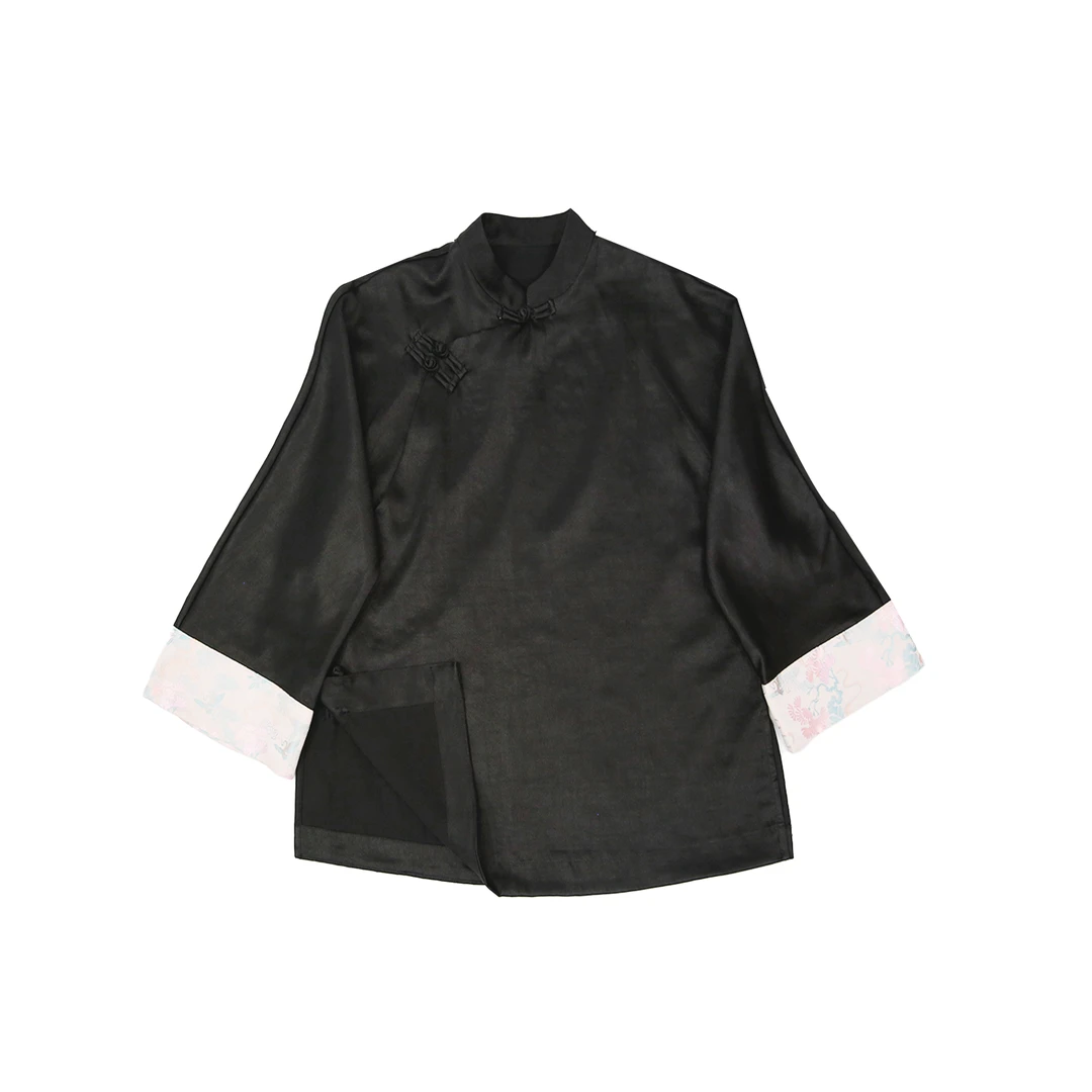 50姆米桑蚕丝素绉缎两面黑香云纱黑色立领盘扣香云纱上衣12339-1