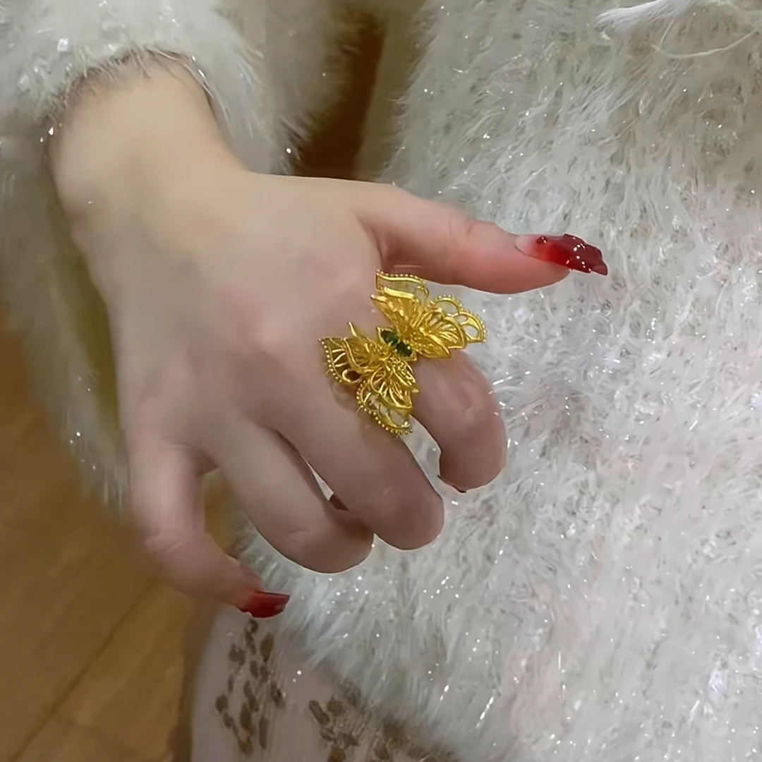 铜合金合成锆石戒指 奢华复古花丝蝴蝶戒指女轻奢时尚设计仙蝶