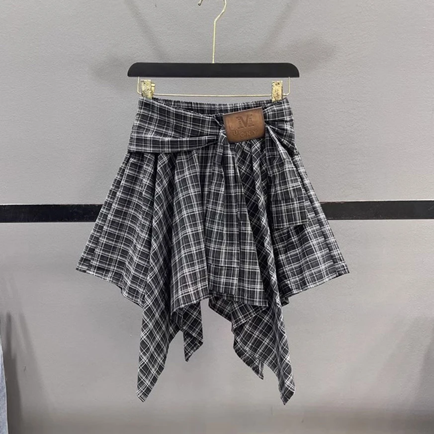 【现货】港风复古格子衬衫感半身裙女夏季新款叠穿裙子不规则短裙子