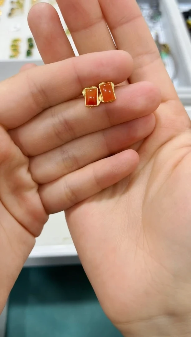 南红玛瑙耳饰银S925镶嵌小方块耳钉06