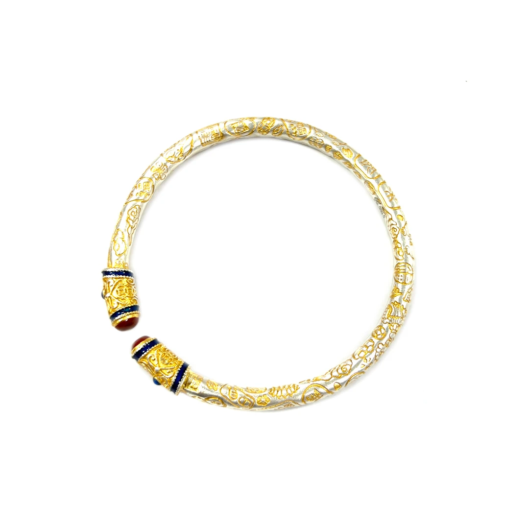 描金唐草纹手镯足银999轻奢手上简约百搭情人节送女朋友