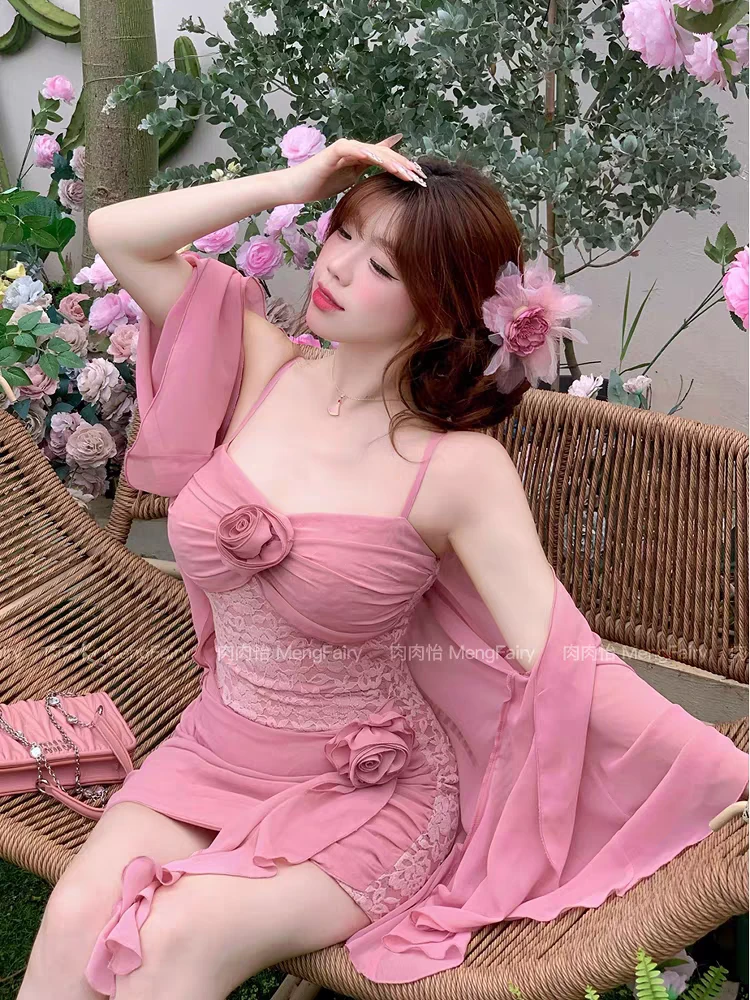 优米家大码女装夏款蕾丝拼接吊带连衣裙两件套