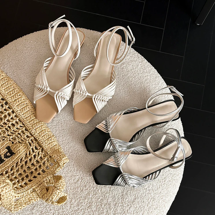 手工编织凉鞋女款2025新款爆款真皮气质时尚百搭鞋子中跟夏季凉鞋