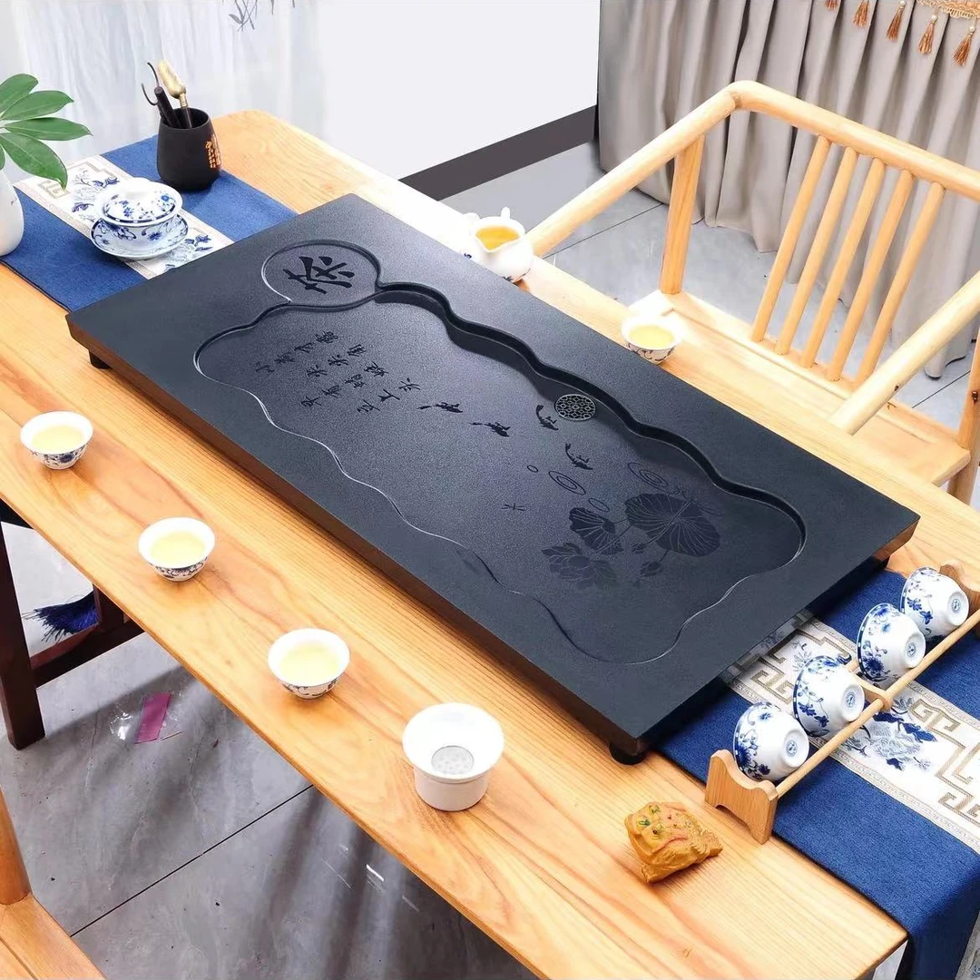 80*37*3新款荷花款石茶盘手工家用简约精致排水式轻奢新中式家用