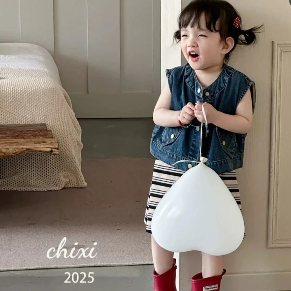 女童夏装洋气套装夏季韩系条纹连衣裙牛仔马甲两件套