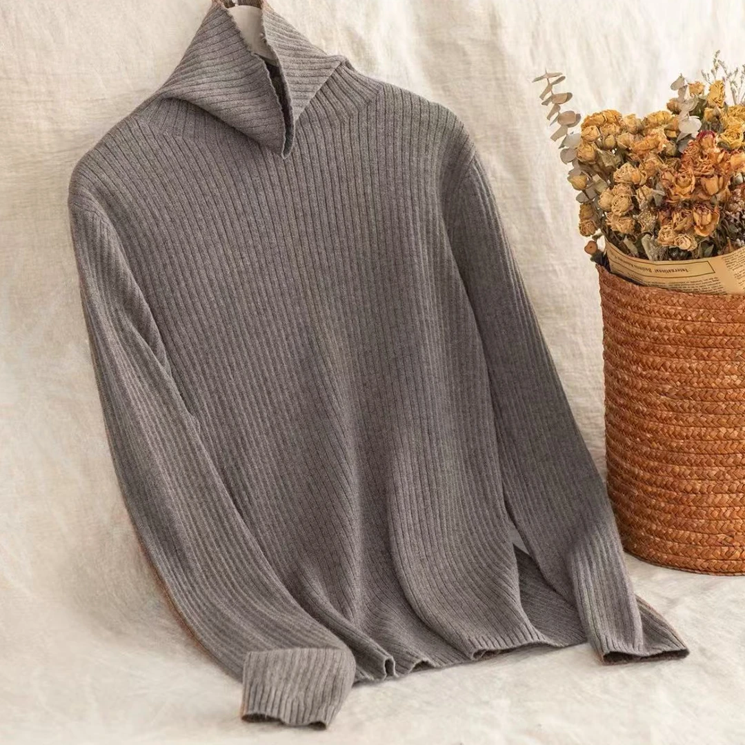 9206-千层纱（高领浅咖）坑条纹针织衫