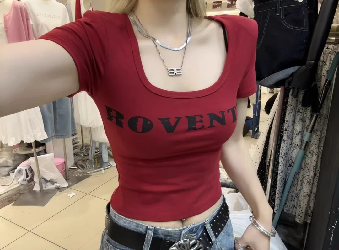 2025夏季新款辣妹洋气时尚设计感打底衫修身显瘦内搭字母T恤上衣