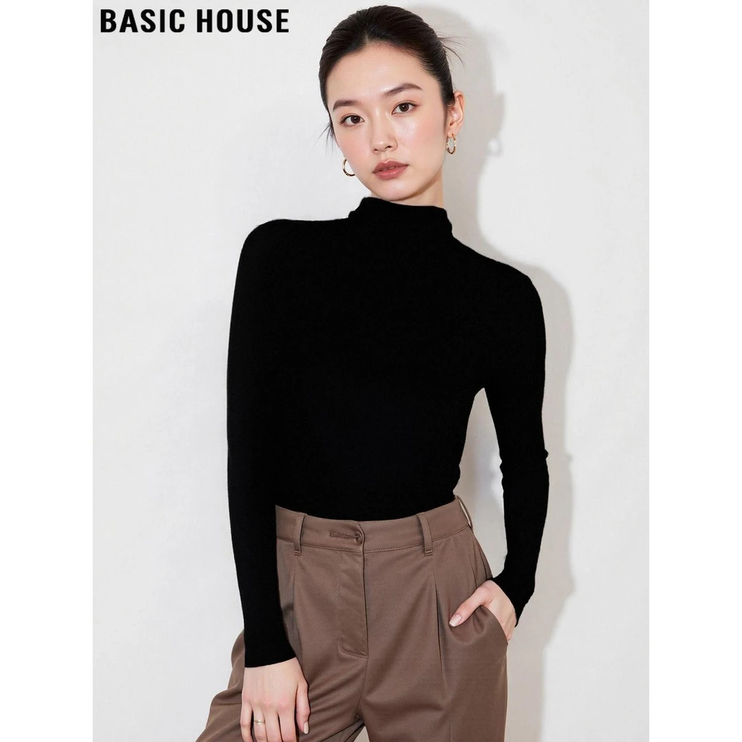 Basic House/百家好法式黑色高领长袖T恤女2025秋冬堆堆领打底衫
