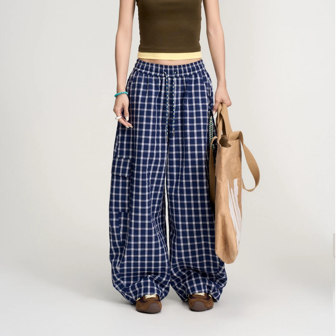 杨九七 夏季蓝色多巴胺慵懒阔腿裤宽松百搭格子高腰休闲裤 7421