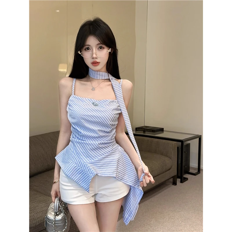 不规则条纹挂脖吊带背心女早夏泰式辣妹一字肩抹胸小上衣独特绝美