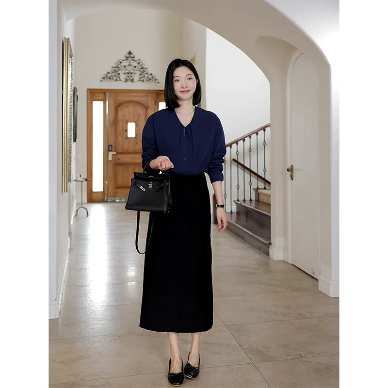 郭九九呢 100%棉气质V领简约百搭衬衫开衩西装半身裙 G925C02594