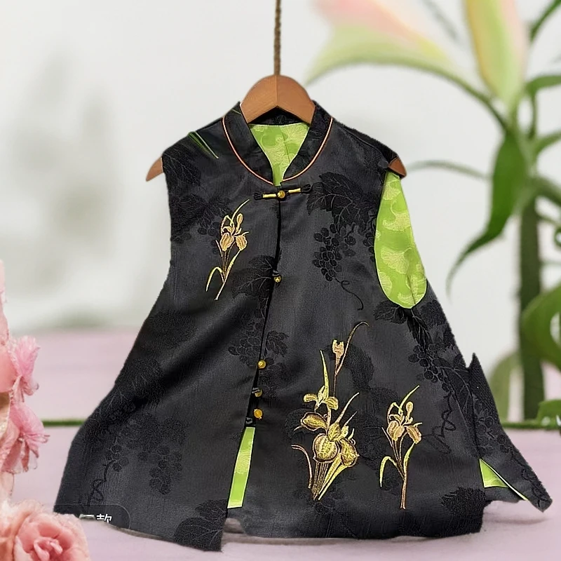 新中式国风黑色重缎刺绣立领百搭马夹国风气质上衣坎肩背心157