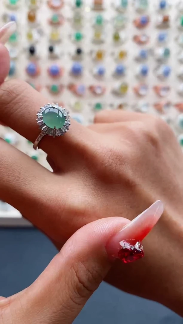 【闪购商品】翡翠戒指银S925镶嵌天然缅甸A货翡翠222 9+9