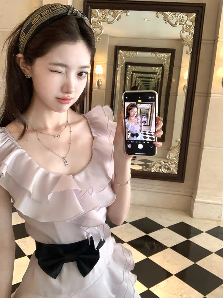 南法千金 氛围感荷叶边收腰蝴蝶结连衣裙法式甜美洋气显瘦短裙女