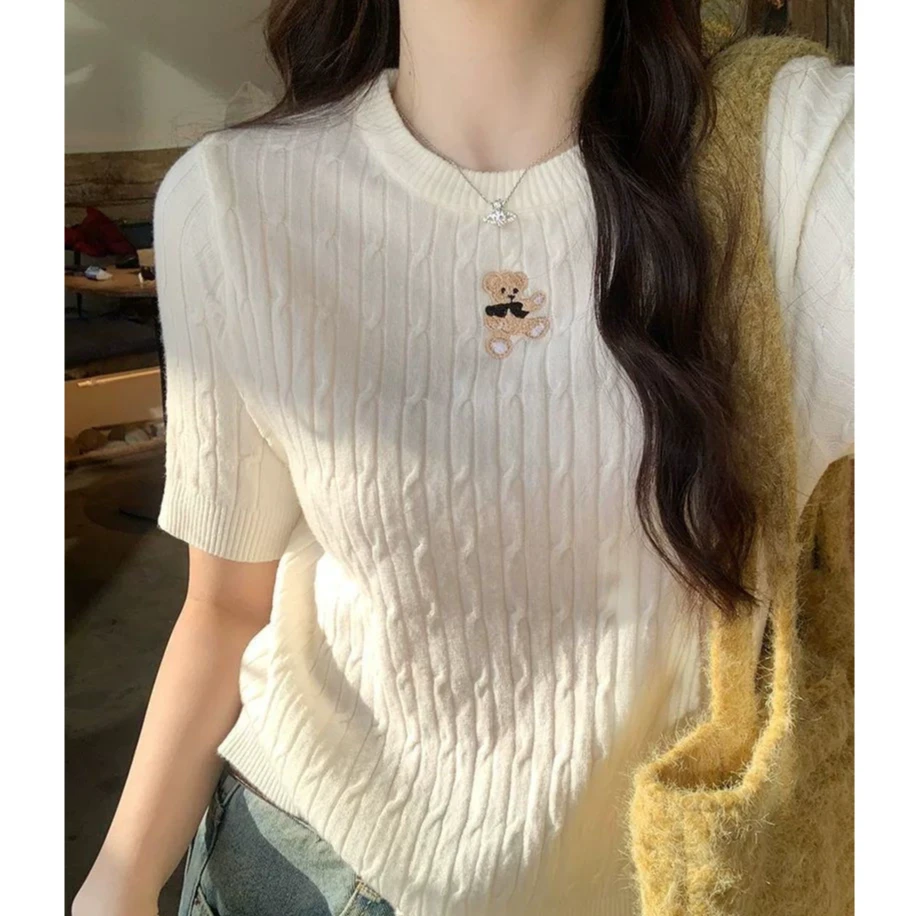 针织短袖2025夏季正肩T恤麻花毛衣可爱小熊百搭圆领设计感上衣女