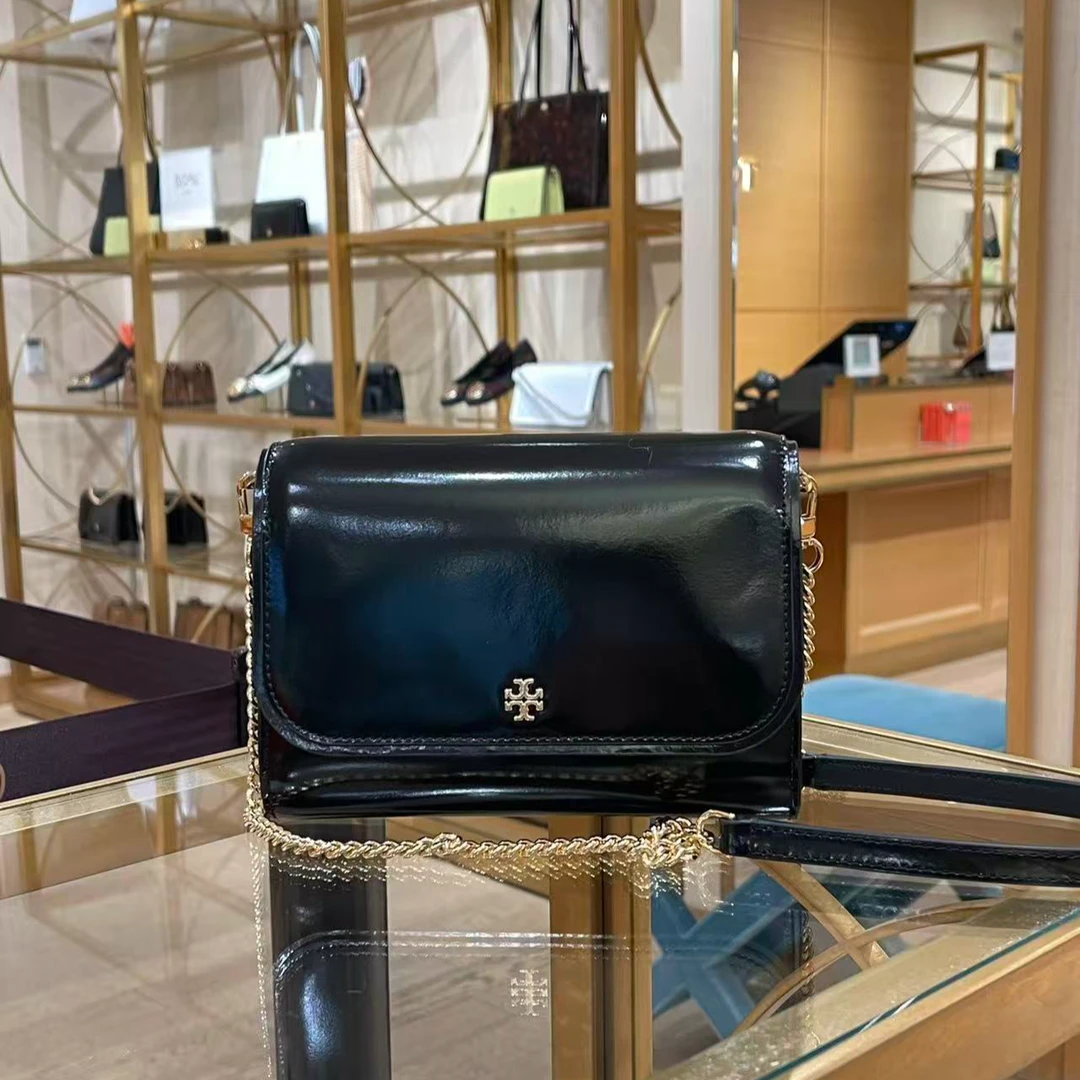 TORY BURCH/汤丽柏琦Emerson漆皮黑色翻盖单肩斜挎包20*4*12cm