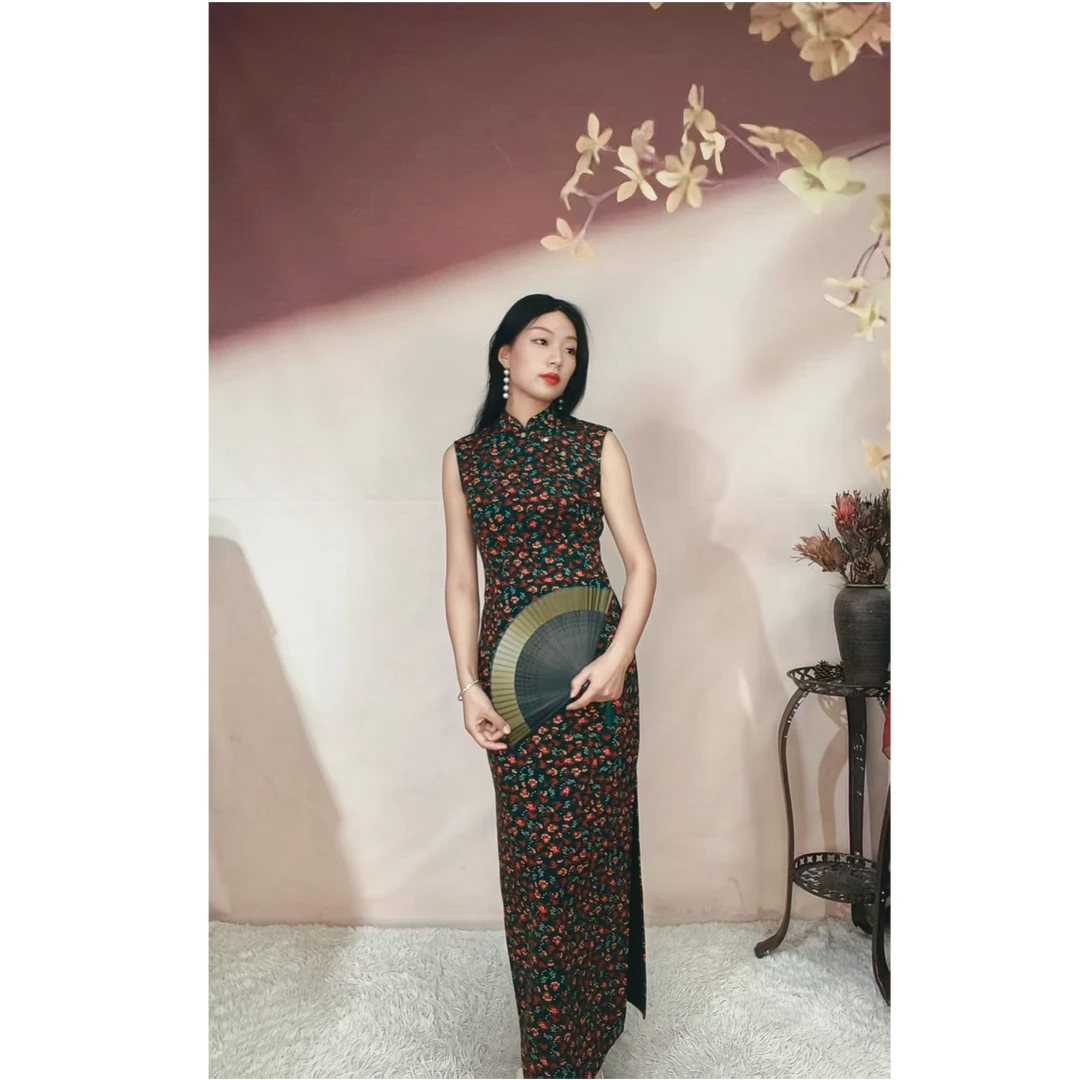 缘织裳原创自制夏季新款螺纹棉碎花无袖显瘦双开叉复古港风旗袍