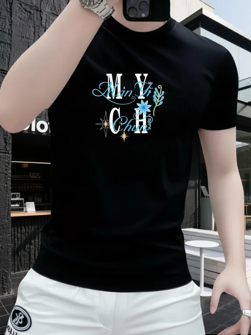 2025美式简约创意独角兽图案男士修身圆领上衣T恤纯棉休闲短袖