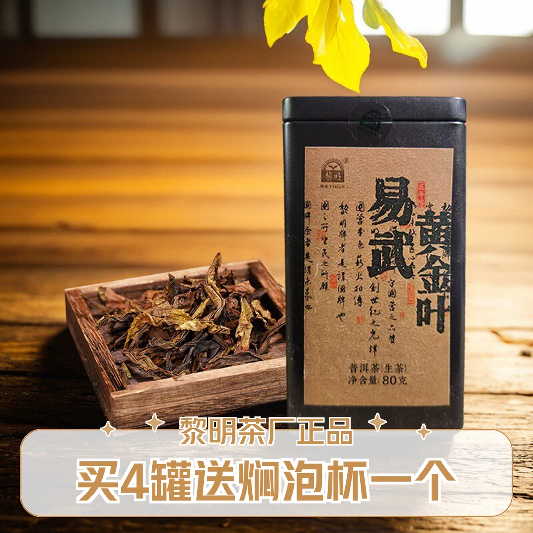 黎明茶厂2025年易武五年陈老树黄金叶80g云南普洱生茶黄片铁罐装