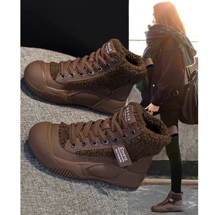 咖啡 2025冬季高帮棉鞋新款鞋女时尚百搭休闲保暖厚底鞋28