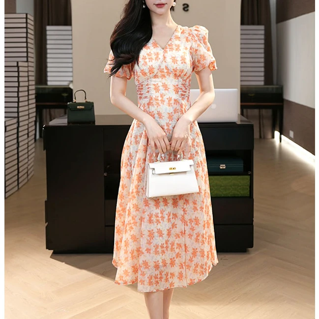 现货2025夏季新款【Q23-X42 】法式气质女装小众碎花收腰显瘦连衣裙