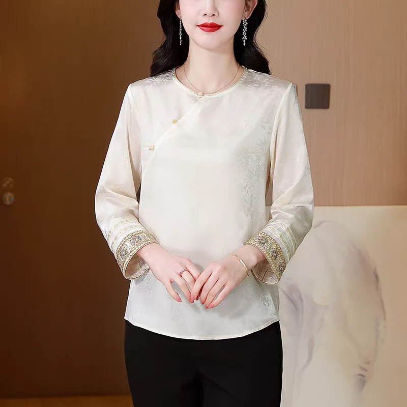 薄款提花常规中袖刺绣立领上衣新中式茶服复古气质小衫圆领