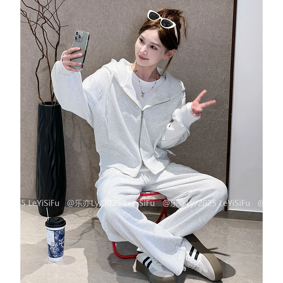 新款长袖外套拉链开衫韩版宽松显瘦慵懒风两件套直筒裤套装Q2516