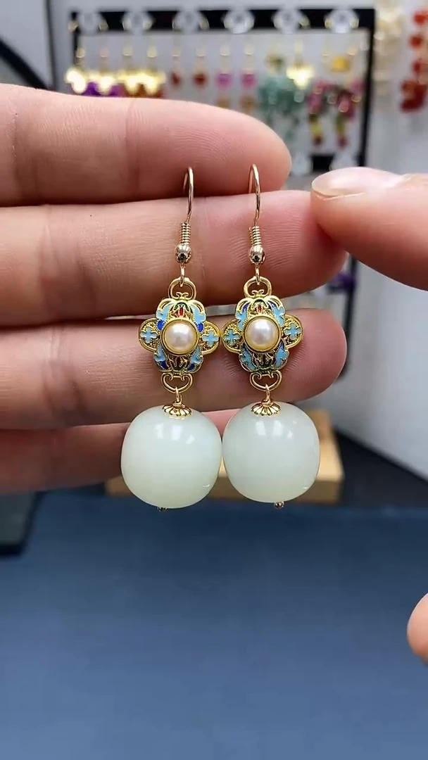 【闪购商品】和田玉耳饰银S925镀金镶嵌尺寸16mm桶珠A2