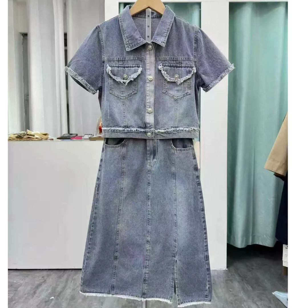 薄牛仔套装裙女夏季新款气质显瘦上衣半身裙两件套#9861