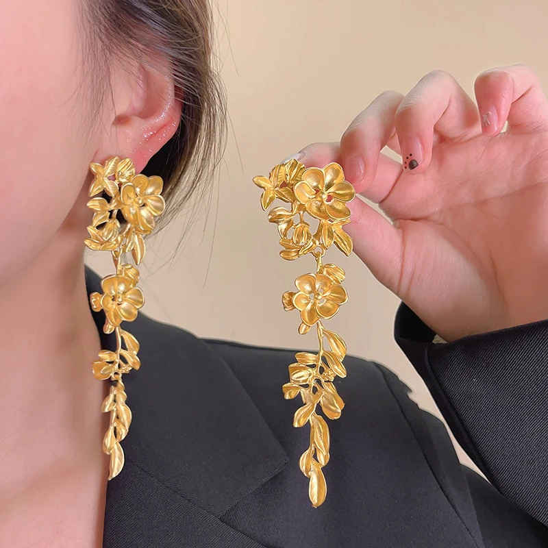 铜合金耳饰 【004】复古立体花朵流苏耳环中古高级感树叶耳饰个性
